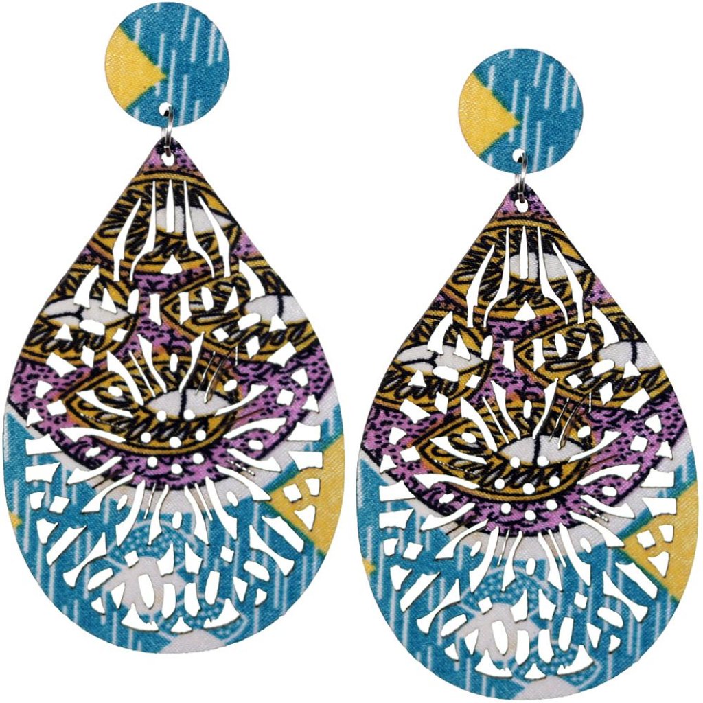 Blue Purple Evil Eye Wooden Earrings